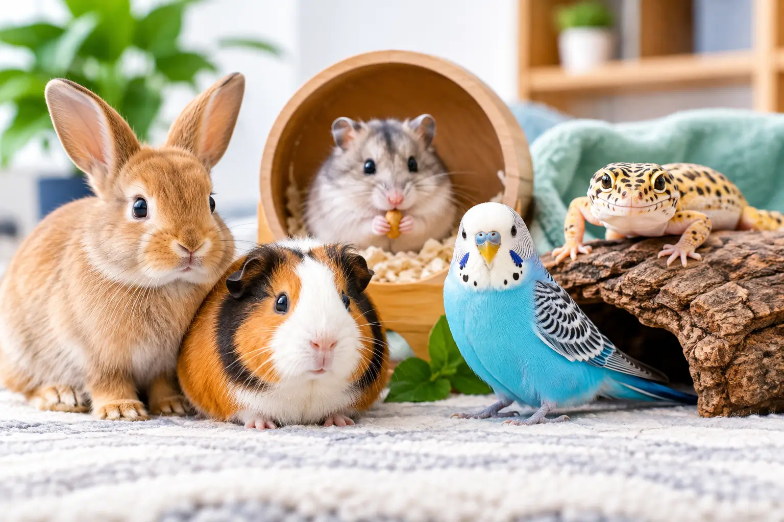 Small pets to have, including a rabbit, guinea pig, hamster, budgie, and leopard gecko