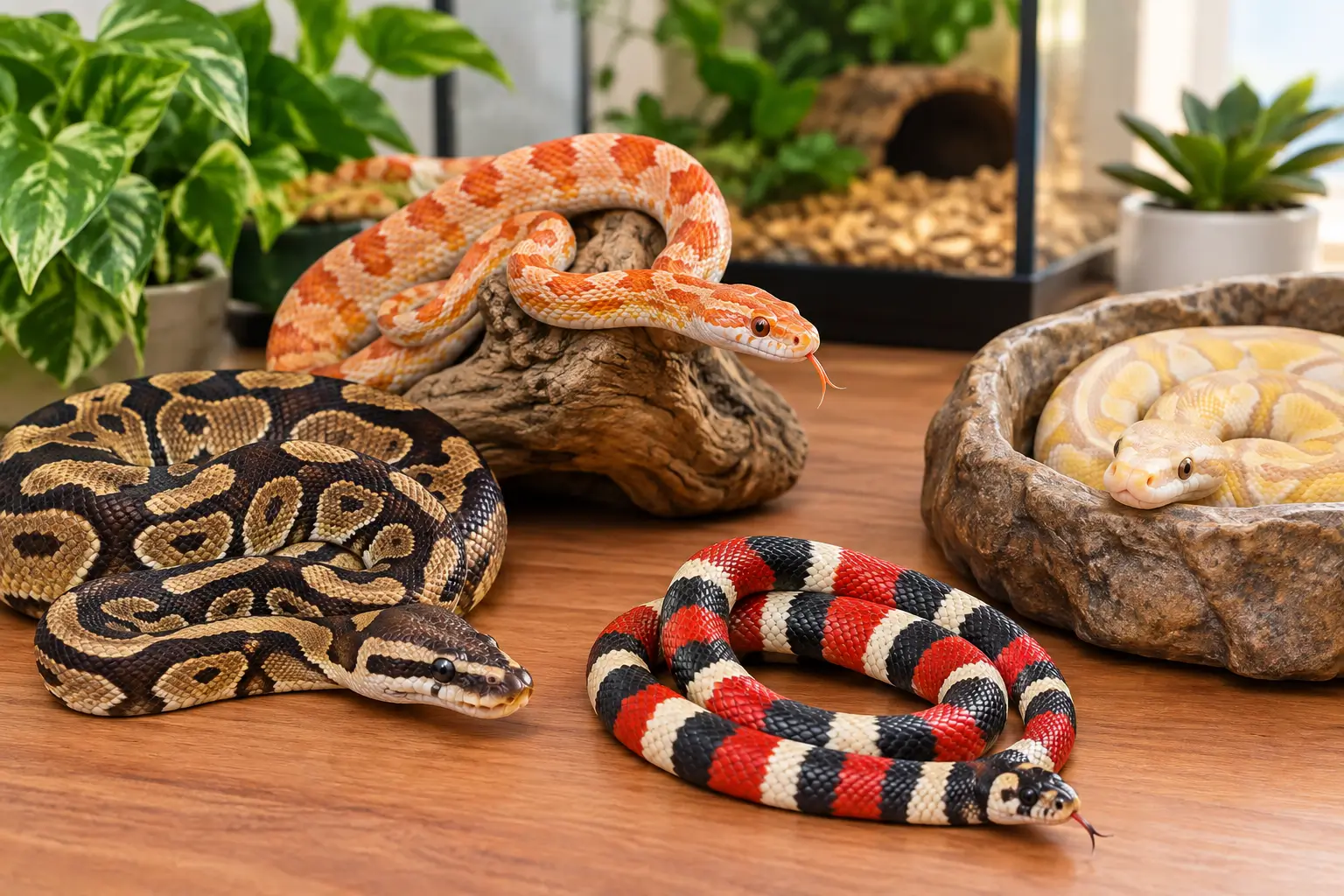 Snakes you can have as pets, including ball python, corn snake, and kingsnake in a home terrarium setting.