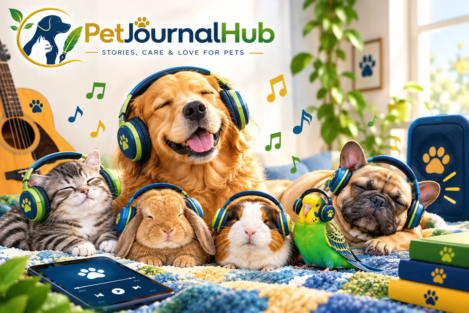 Pets wearing headphones and enjoying music together with musical notes, a guitar, and a speaker.