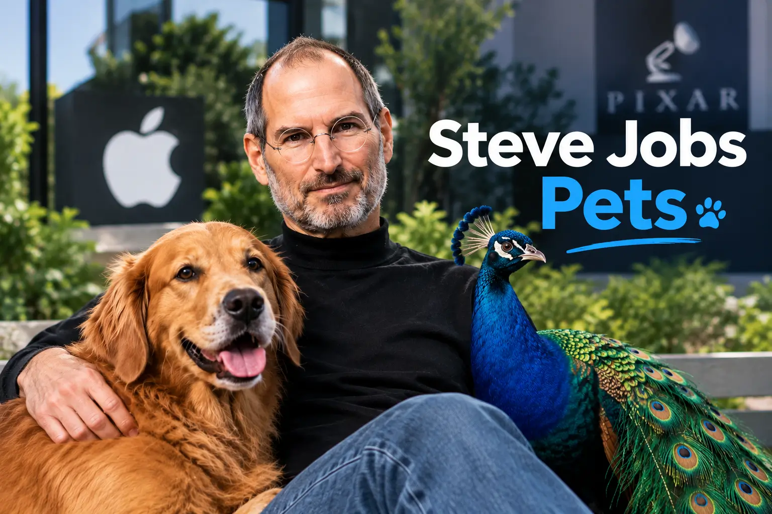 Steve Jobs pets with a dog and peacock;