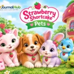 Strawberry Shortcake pets featuring cute cat, puppy, bunny, bird, and turtle in a colorful strawberry-themed garden.