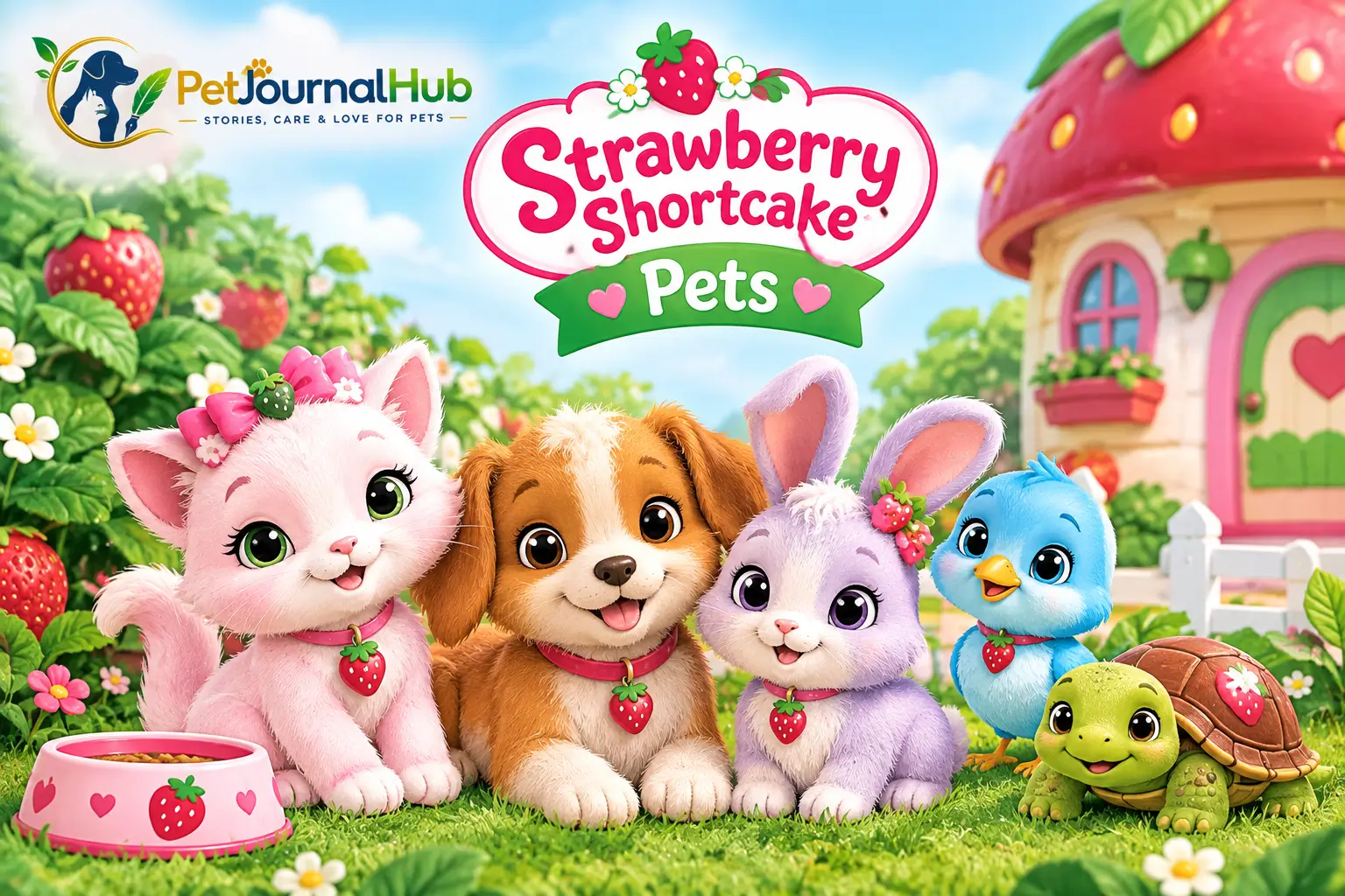 Strawberry Shortcake pets featuring cute cat, puppy, bunny, bird, and turtle in a colorful strawberry-themed garden.
