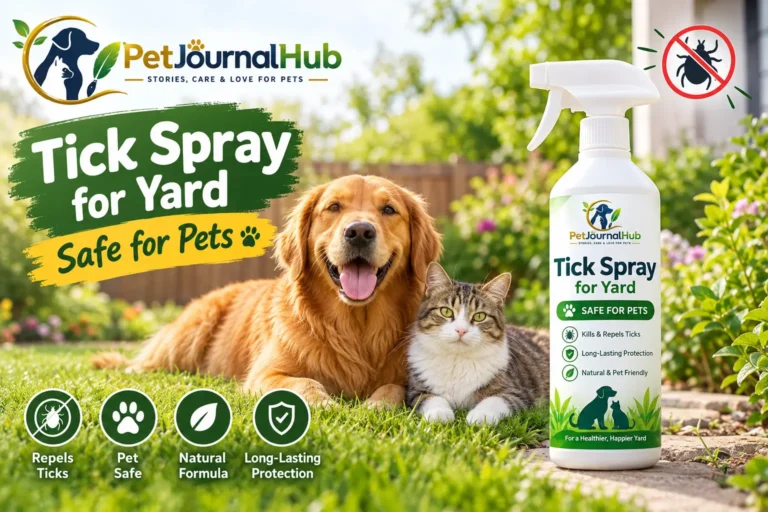 Dog in a well-maintained yard with safe tick-control treatment