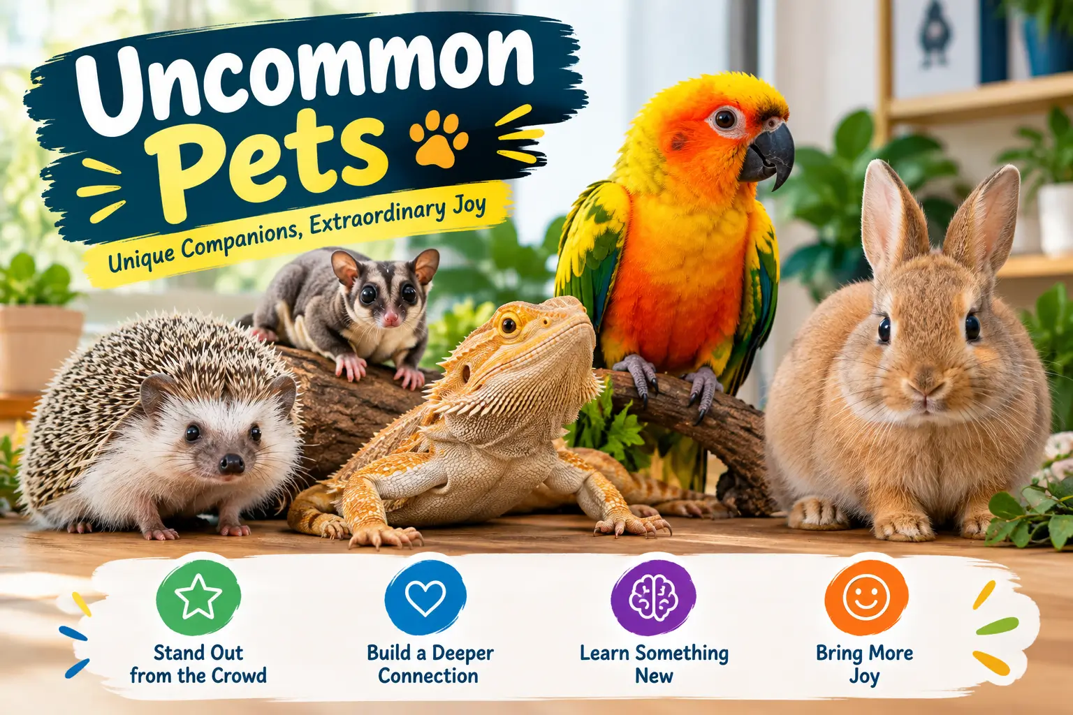 Uncommon pets including a hedgehog, sugar glider, bearded dragon, parrot, and rabbit