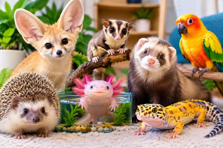 Wow pets featuring a fennec fox, hedgehog, sugar glider, ferret, parrot, axolotl, and leopard gecko.