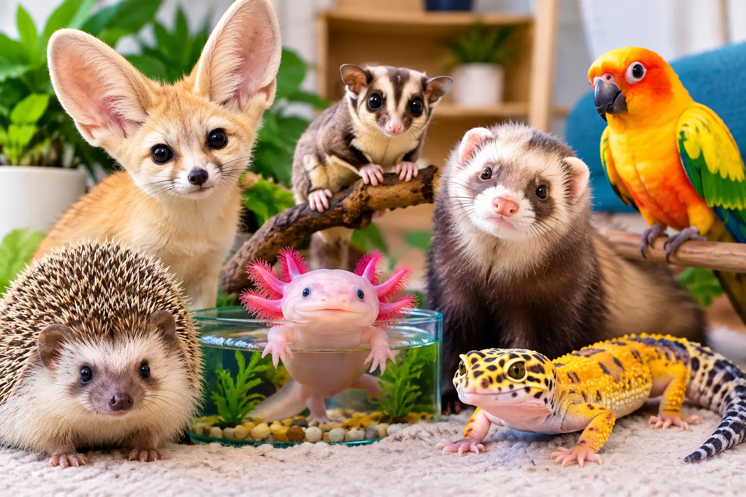Wow pets featuring a fennec fox, hedgehog, sugar glider, ferret, parrot, axolotl, and leopard gecko.