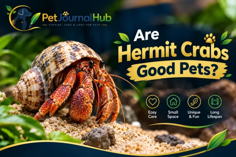 Are hermit crabs good pets? A close-up of a hermit crab with a patterned shell, featuring PetJournalHub branding.