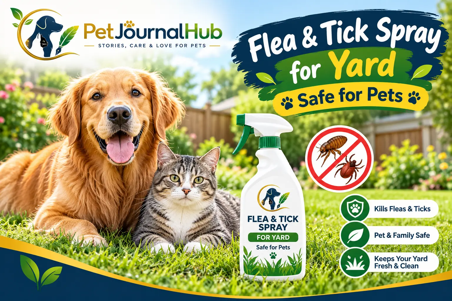 Dog and cat relaxing on a green lawn in a pet-conscious backyard