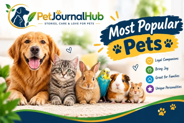 Most Popular Pets – golden retriever, cat, rabbit, parrot, guinea pig, and hamster featured with PetJournalHub logo.