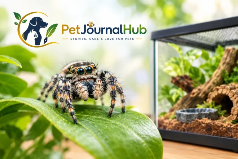 Regal jumping spider perched on a green leaf near a pet terrarium.