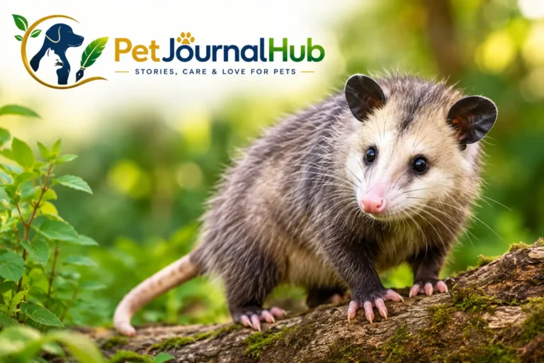 Virginia opossum standing on a mossy log in a green woodland setting with the PetJournalHub logo.