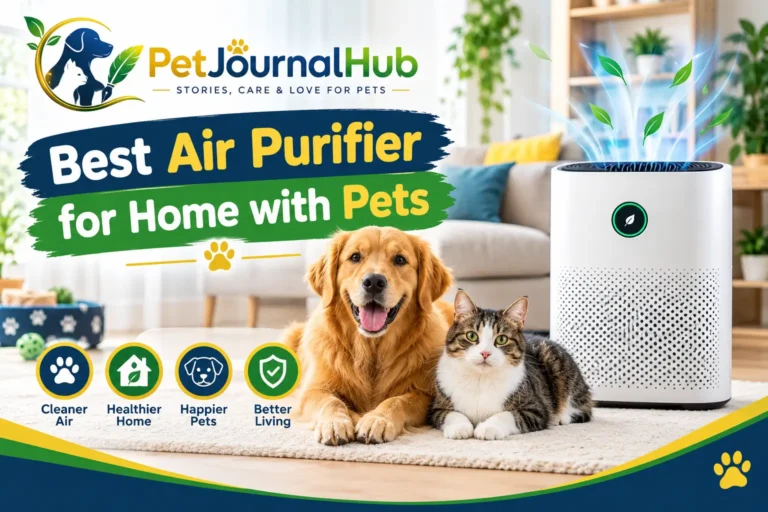 Air purifier in a living room with a dog and cat