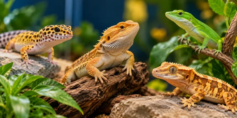 Best pet lizards including a bearded dragon, leopard gecko, crested gecko, and blue-tongued skink.