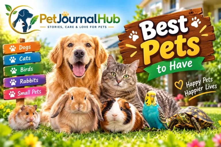Best pets to have, including a dog, cat, guinea pig, and aquarium fish in a home setting.