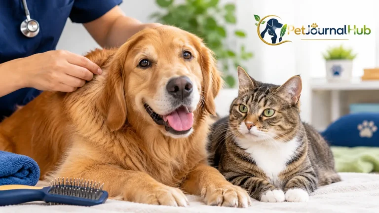 Can pets get lice? A veterinarian checking a dog's fur beside a cat.