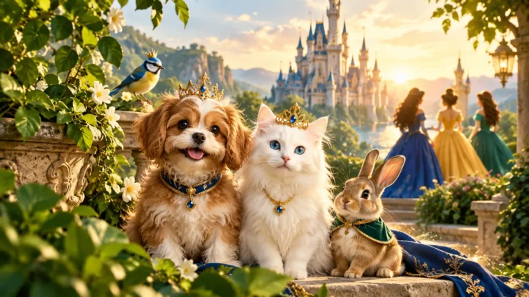 Disney princess pets including a puppy, white cat, rabbit, and crowned bird in a magical castle garde