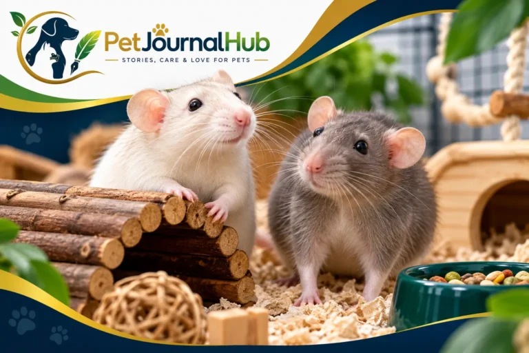 Two pet rats exploring a spacious cage with tunnels and soft bedding.