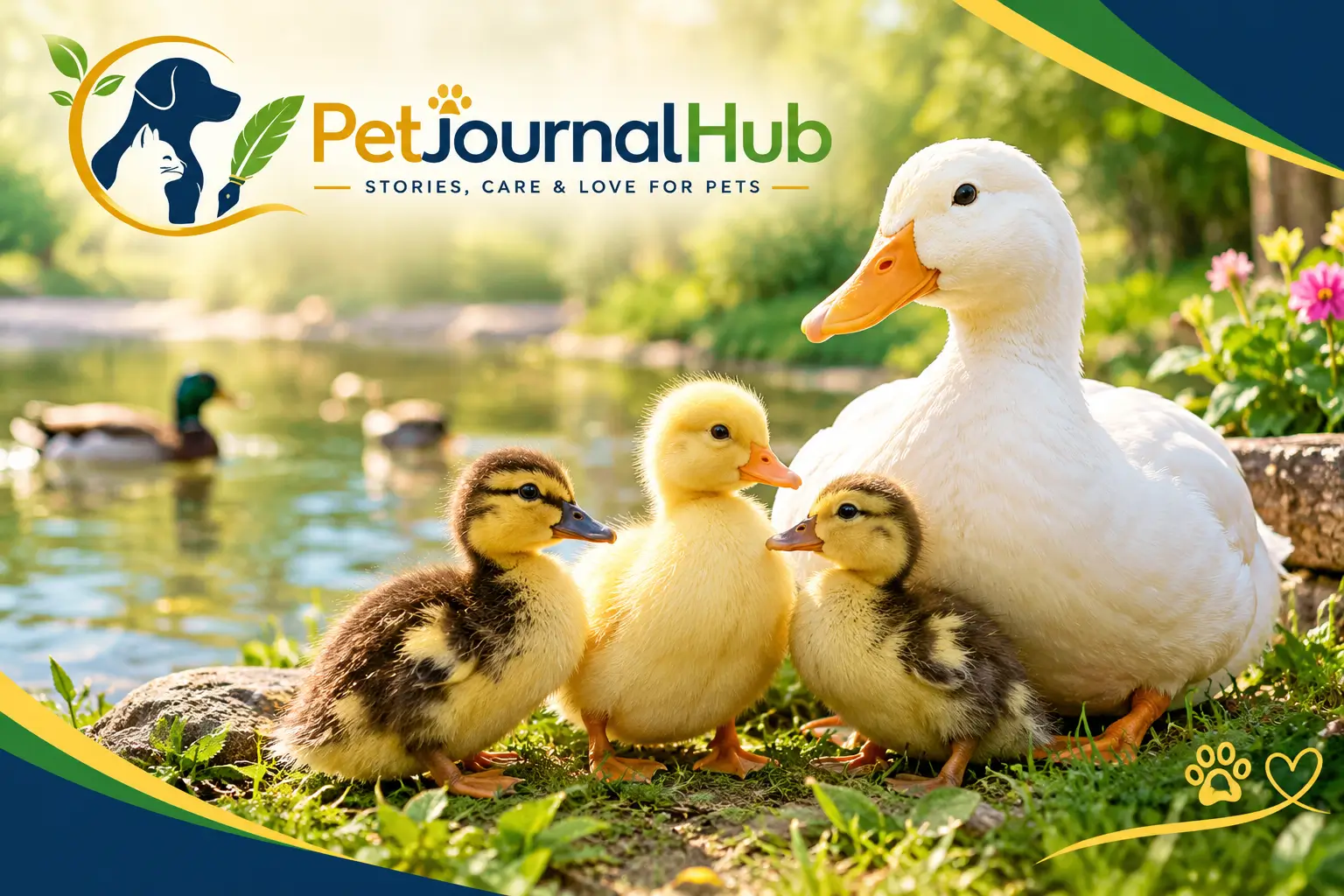 Domestic ducks exploring a backyard beside a shallow pool