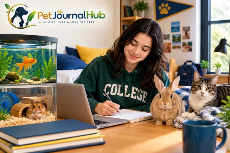 Easy pets to take care of in college, including fish and small companion animals in suitable habitats.