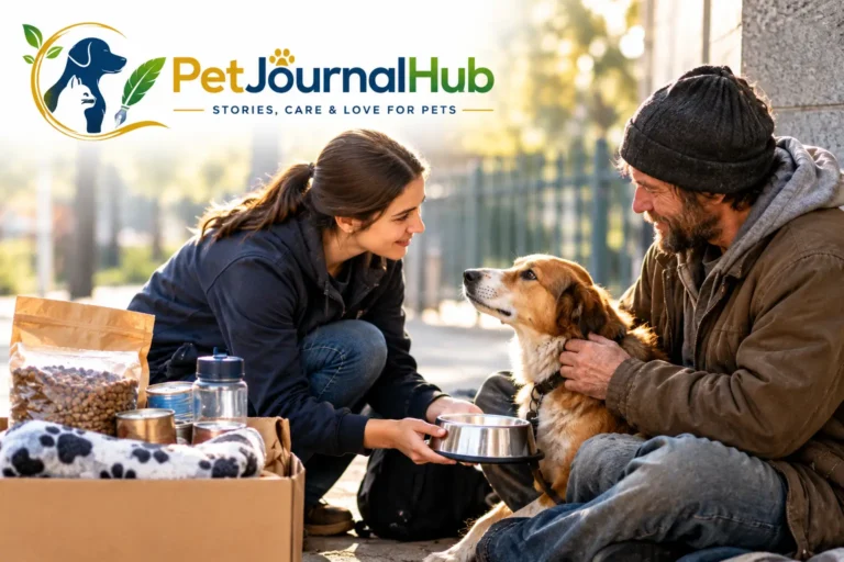 Volunteer providing dog food and fresh water to a person experiencing homelessness and their companion dog.