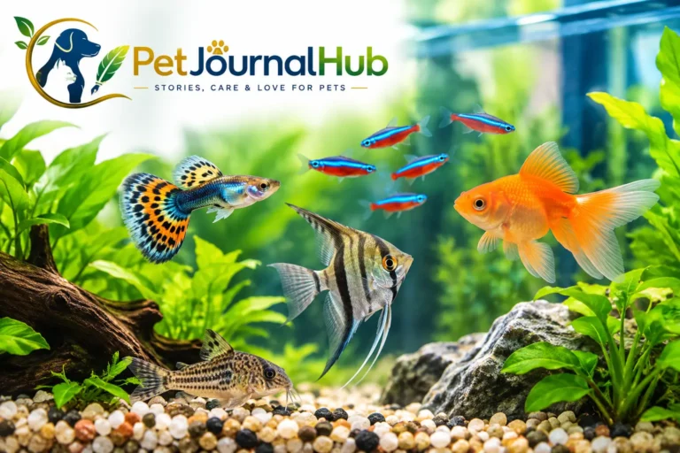 Colorful freshwater aquarium fish swimming among aquatic plants in a home aquarium