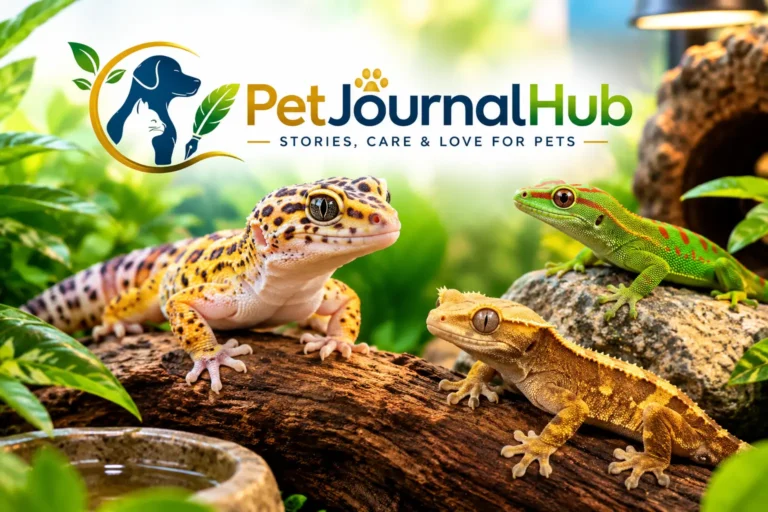 Leopard gecko and crested gecko in naturalistic pet habitats