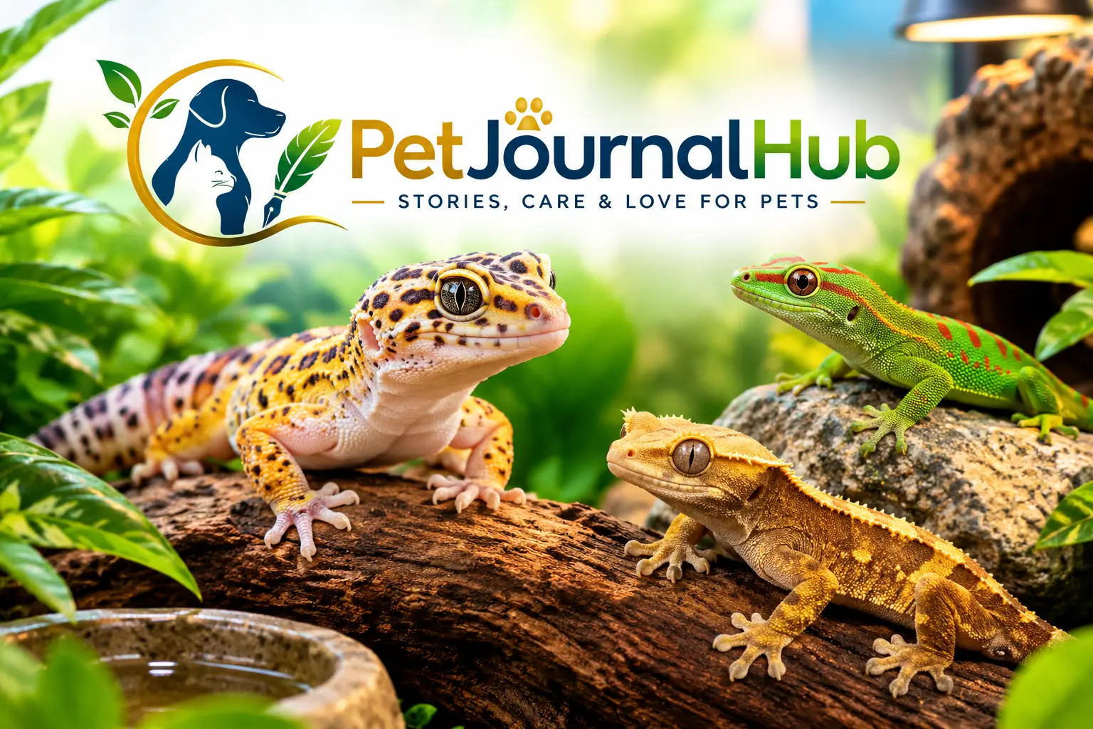 Leopard gecko and crested gecko in naturalistic pet habitats