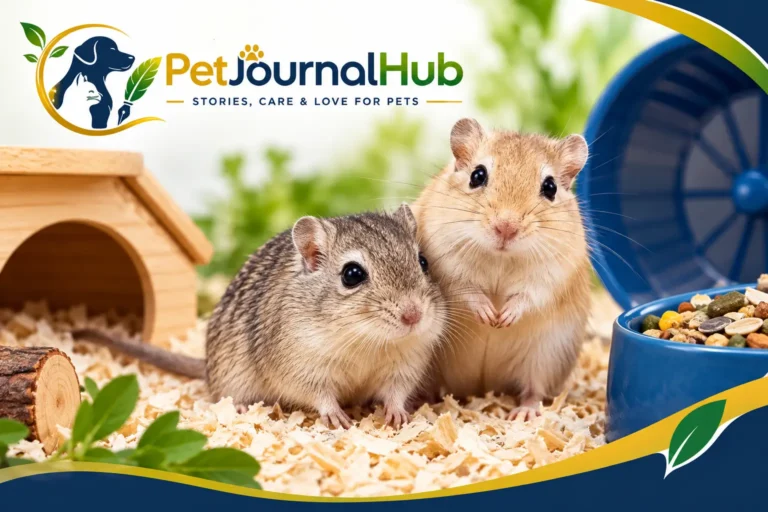 Two pet gerbils exploring deep bedding inside a spacious gerbil habitat.