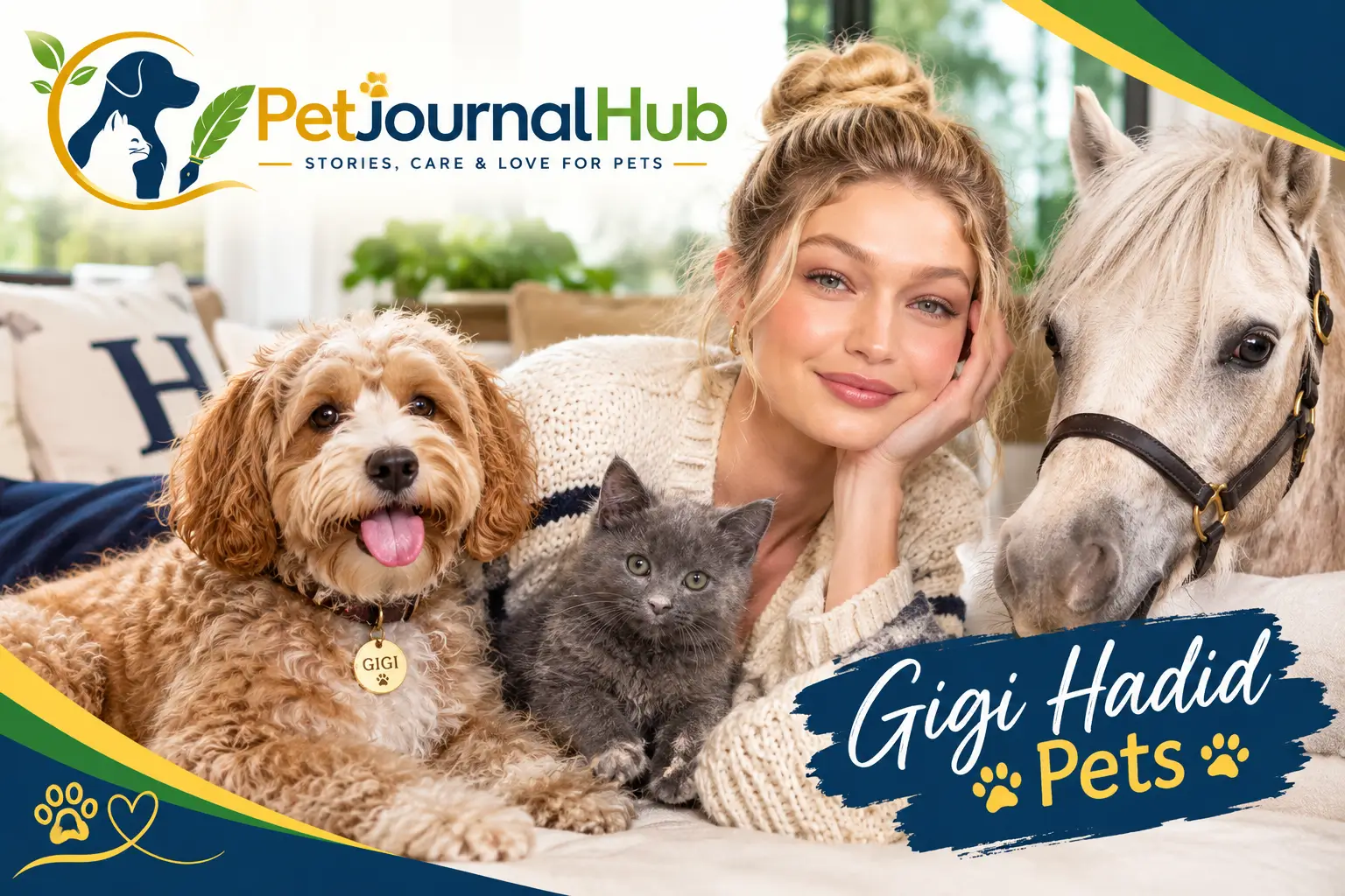 Gigi Hadid with a cat in a celebrity pet feature