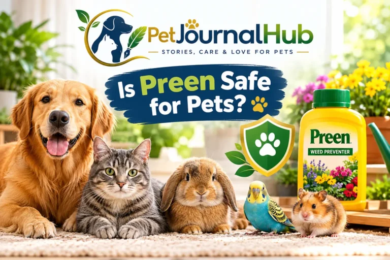 Dog beside a garden bed while the owner takes precautions with weed preventer products