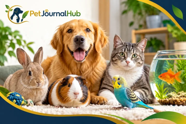 Live pets including a dog, cat, rabbit, guinea pig, and bird in a safe home environment.