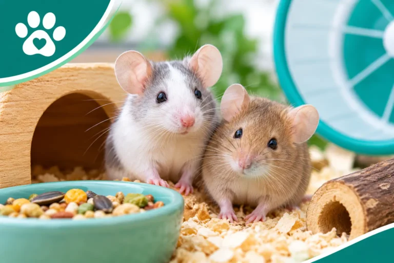 Two pet mice exploring a clean enclosure with bedding and tunnels