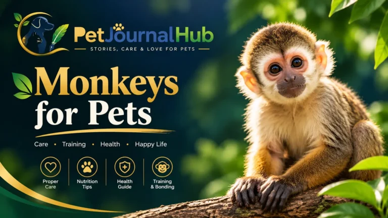 Monkeys for Pets guide featuring a cute monkey, PetJournalHub logo, and pet care tips on a dark blue and green background.