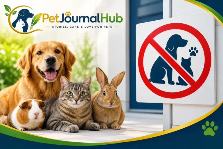 No pets allowed sign featuring a dog and cat symbol with a golden retriever, cat, rabbit, and guinea pig, designed in PetJournalHub brand colors.