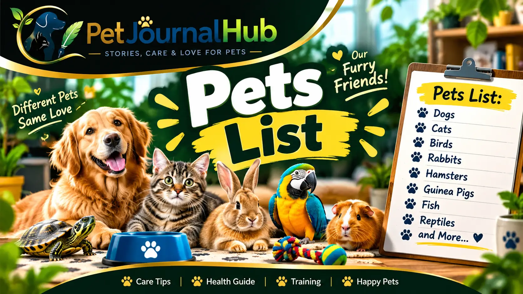 Popular pets including a dog, cat, rabbit, guinea pig, and budgerigar