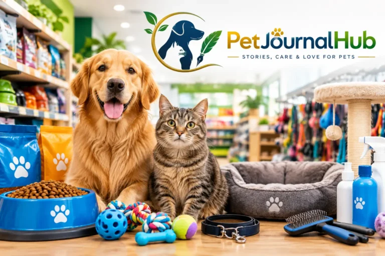 Dog and cat with pet food, toys, and grooming supplies in a pet store.