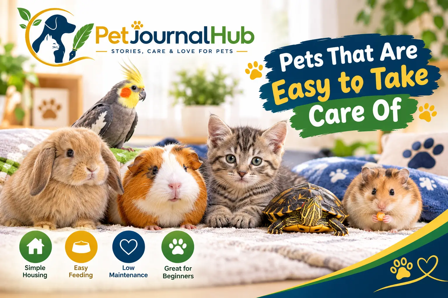 Pets that are easy to take care of, including a relaxed cat and dog at home.