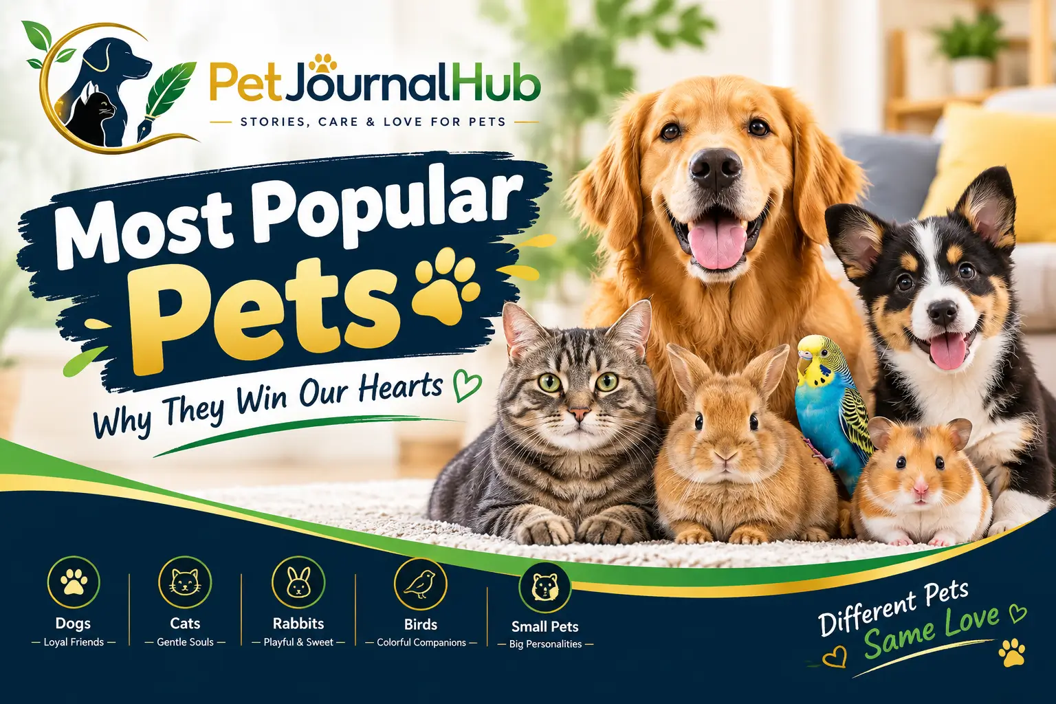 A dog, cat, rabbit, guinea pig, bird, hamster, and fish representing popular household pets.