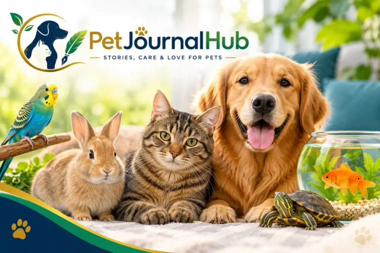 Dog, cat, rabbit, guinea pig, and bird in a cozy home setting