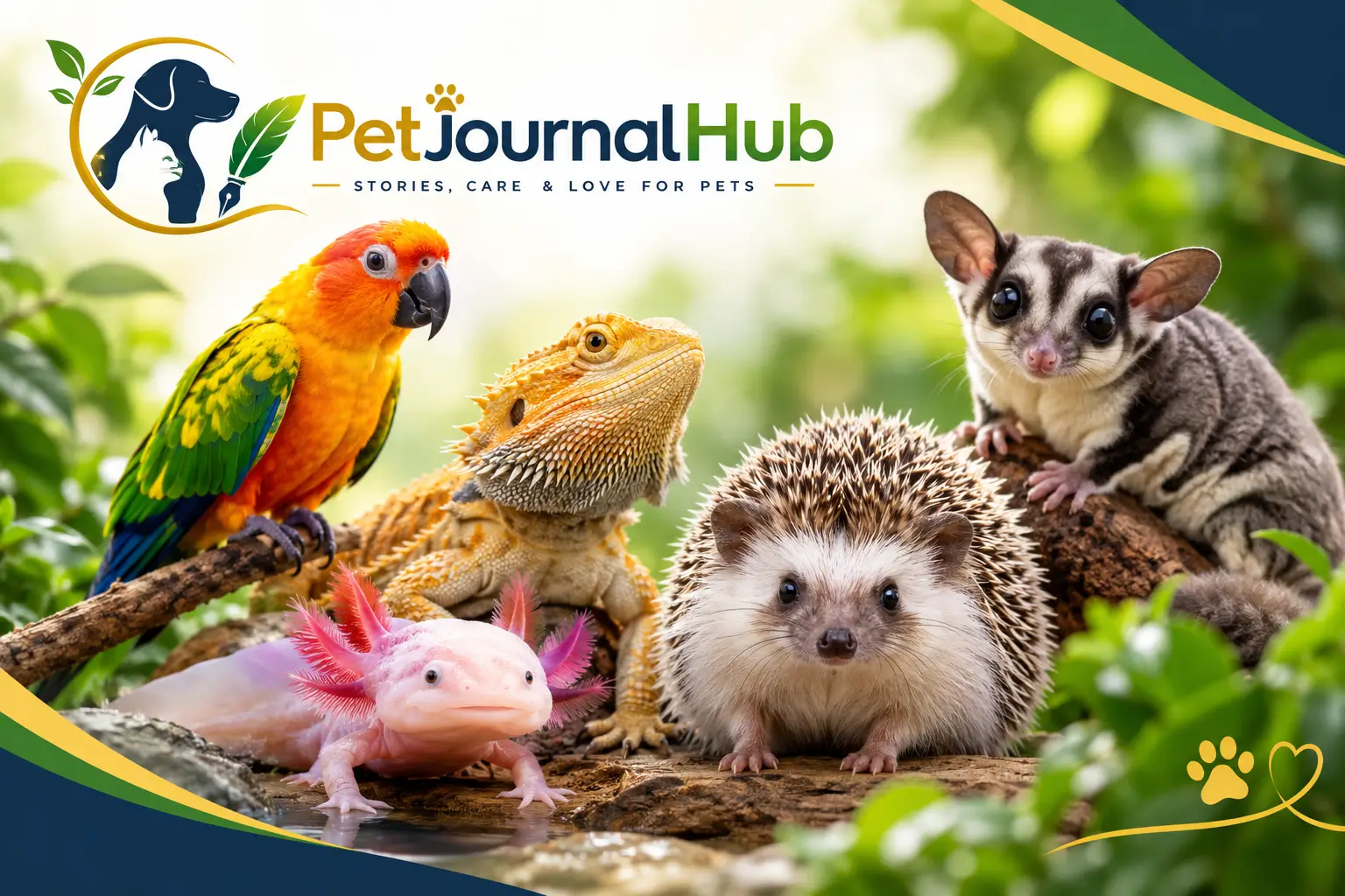 Unusual companion animals including an axolotl, chinchilla, hedgehog, and leopard gecko
