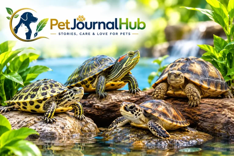 Different types of pet turtles, including a red-eared slider, painted turtle, musk turtle, and box turtle.